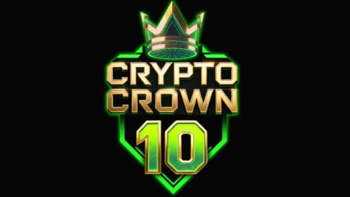 Tampilan visual futuristik dan neon dari slot Crypto Crown 10 dengan simbol koin kripto dan buah klasik.