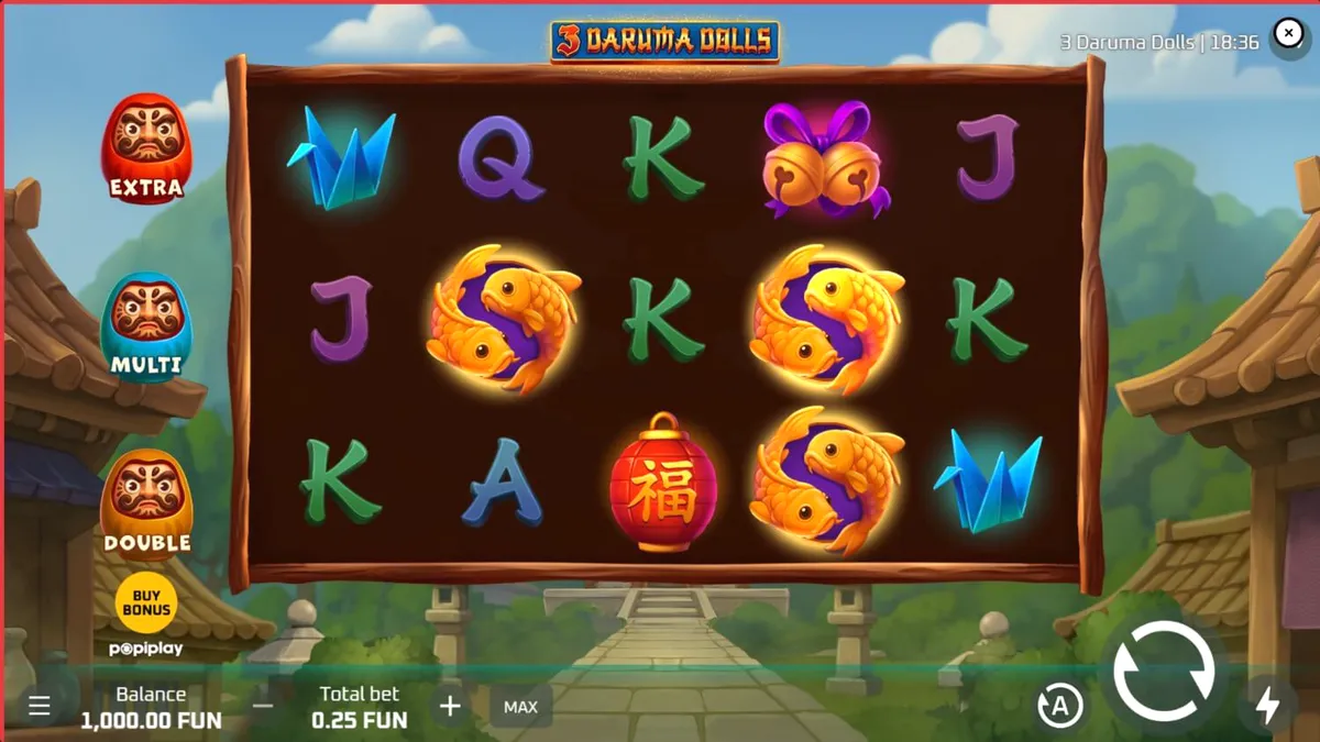 Tampilan visual slot 3 Daruma Dolls dengan tema kuil Jepang yang indah