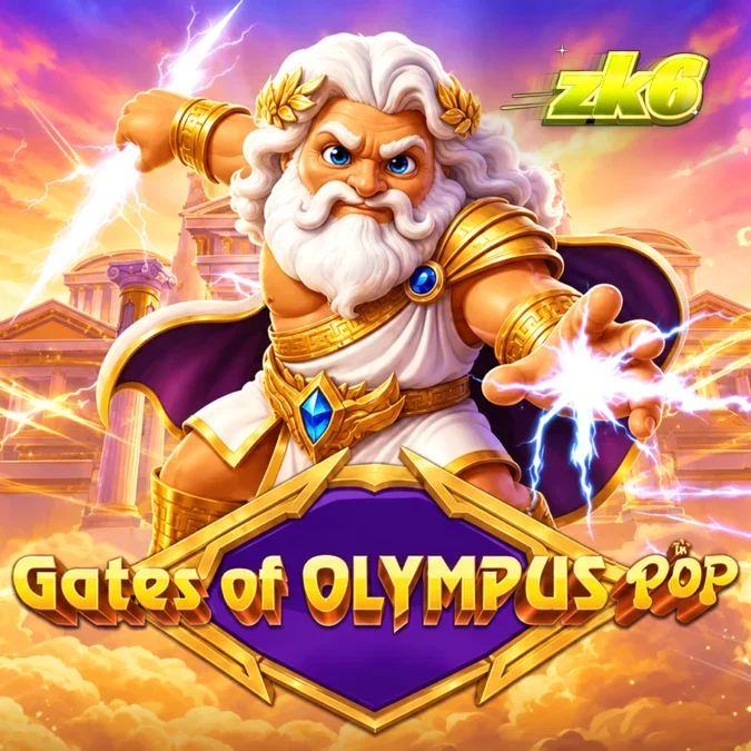 Tampilan layar permainan slot Gates of Olympus POP dengan simbol Zeus dan grid 3x5